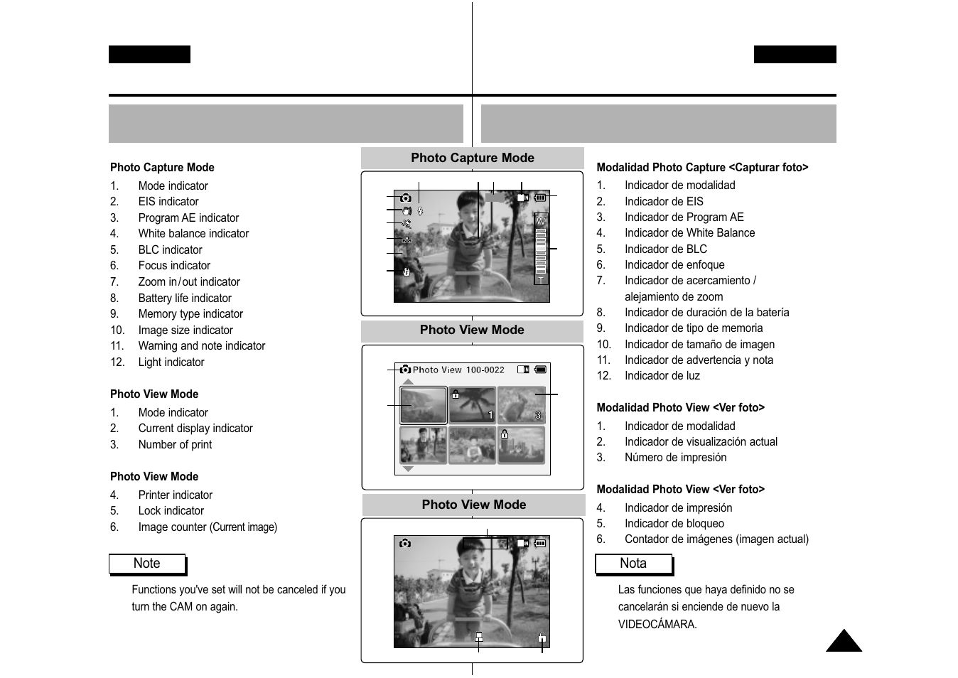 Name of each part: lcd display, Nombre de los componentes: pantalla lcd, Español | English | Samsung VP-M110S User Manual | Page 18 / 129