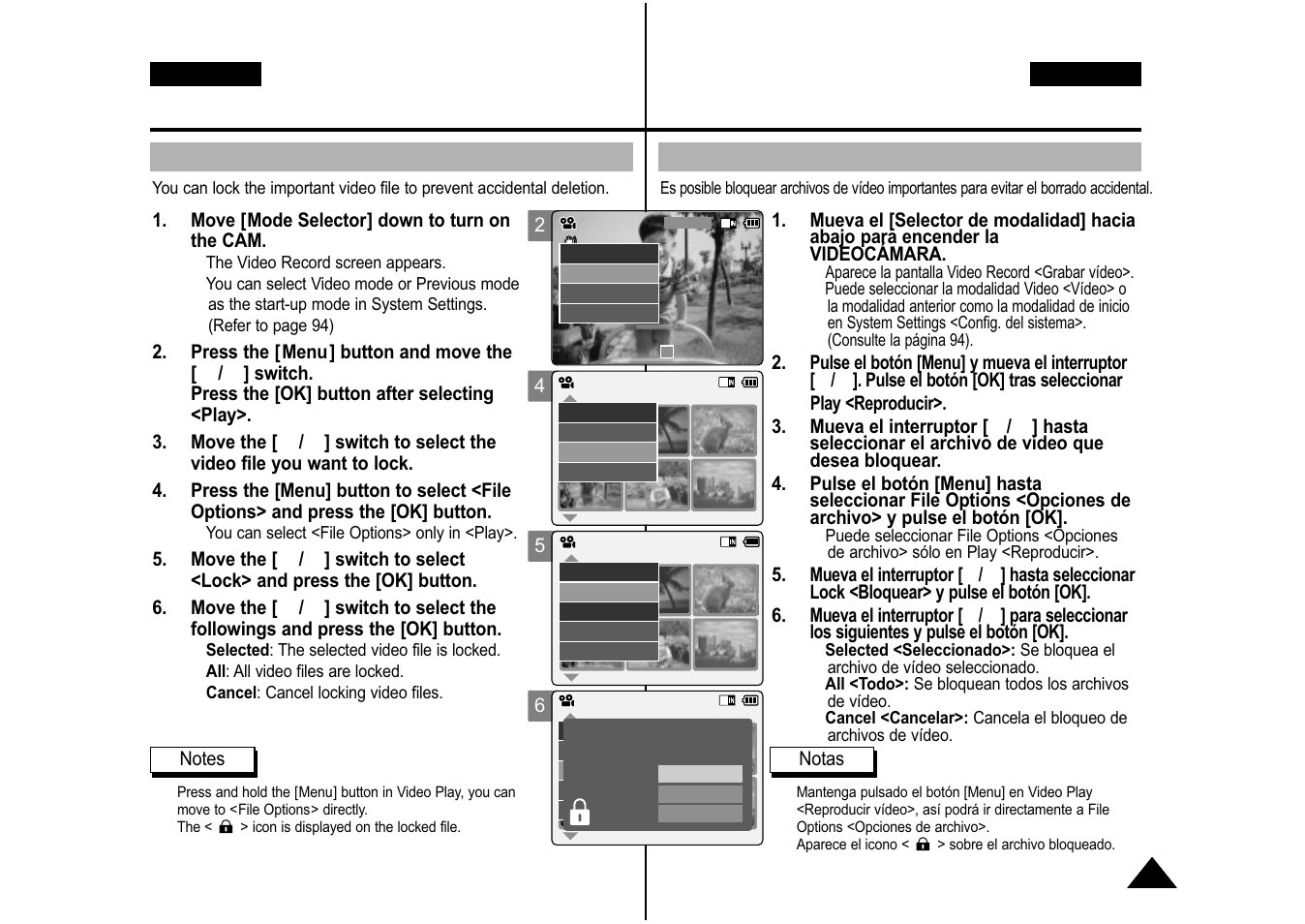 Video mode : selecting file options, Locking video files, Bloqueo de archivos de vídeo | Samsung VP-M110S User Manual | Page 42 / 129