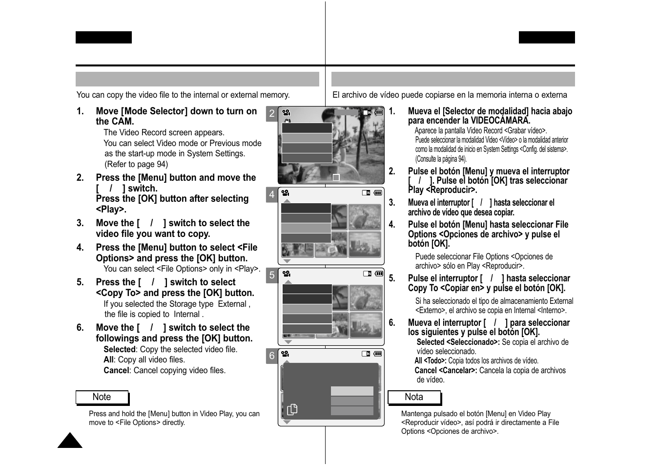 Video mode : selecting file options, Modo vídeo: selección de opciones de archivo, Copying video files | Copia de archivos de vídeo | Samsung VP-M110S User Manual | Page 43 / 129