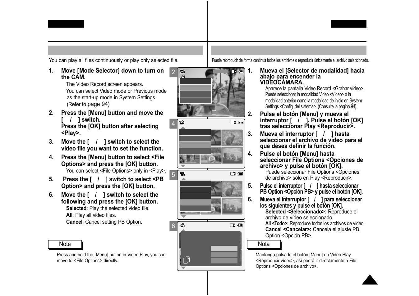 Video mode : selecting file options, Setting the pb option, Ajuste de la opción pb | Samsung VP-M110S User Manual | Page 44 / 129
