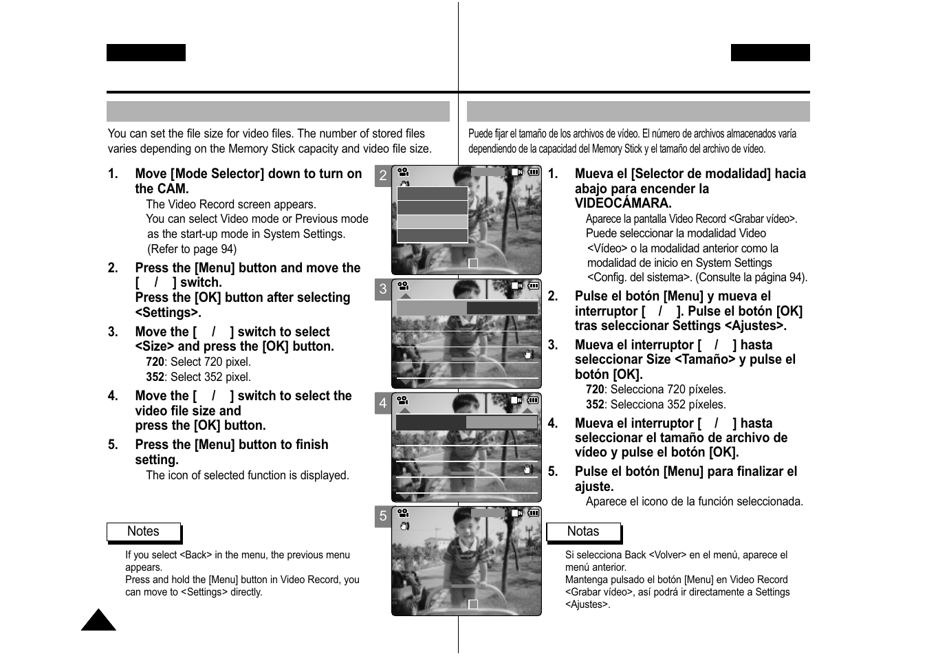 Video mode : setting various functions, Modalidad de vídeo: ajustes de diversas funciones, Setting the video file size | Ajuste del tamaño del archivo de vídeo, English, Español | Samsung VP-M110S User Manual | Page 45 / 129