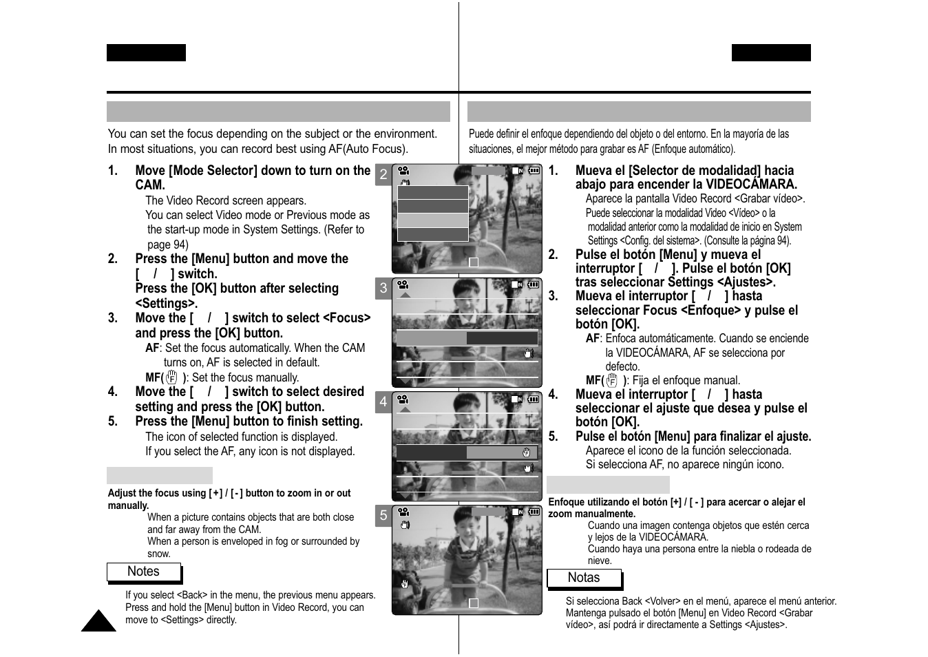 Video mode : setting various functions, Modalidad de vídeo: ajustes de diversas funciones, Setting the focus | Ajuste del enfoque, English, Español | Samsung VP-M110S User Manual | Page 47 / 129