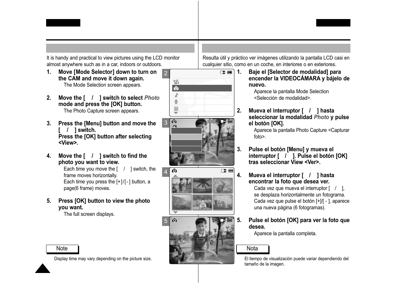 Photo mode : viewing, Modalidad de foto: visualización, Viewing photo files on the lcd monitor | Samsung VP-M110S User Manual | Page 57 / 129