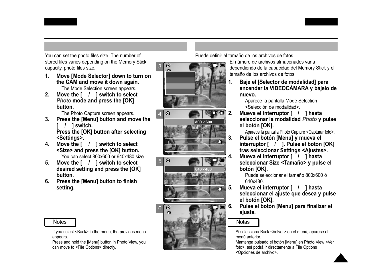 Photo mode : setting various functions, Modalidad de foto: ajustes de diversas funciones, Setting the photo file size | Ajuste del tamaño del archivo de foto, English español, English | Samsung VP-M110S User Manual | Page 62 / 129