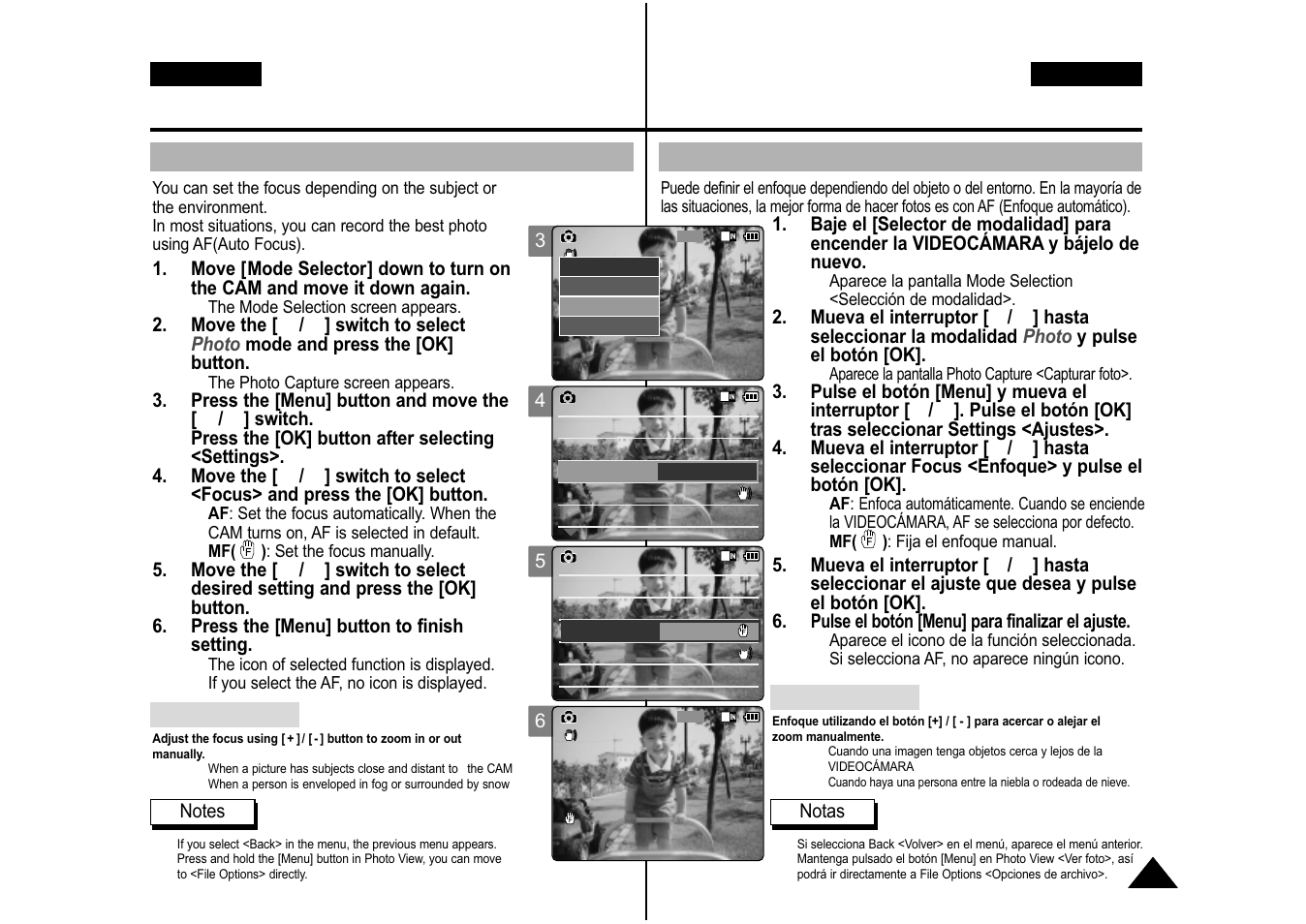 Photo mode: setting various functions, Modalidad de foto: ajustes de diversas funciones, Setting the focus | Ajuste del enfoque, English español, English | Samsung VP-M110S User Manual | Page 64 / 129