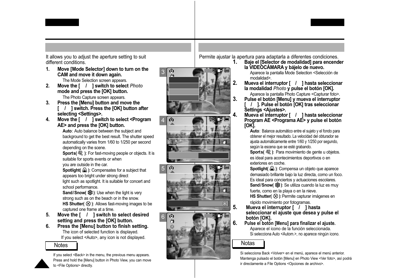 Photo mode : setting various functions, Modalidad de foto: ajustes de diversas funciones, Setting the program ae (programmed auto exposure) | English, Español | Samsung VP-M110S User Manual | Page 67 / 129