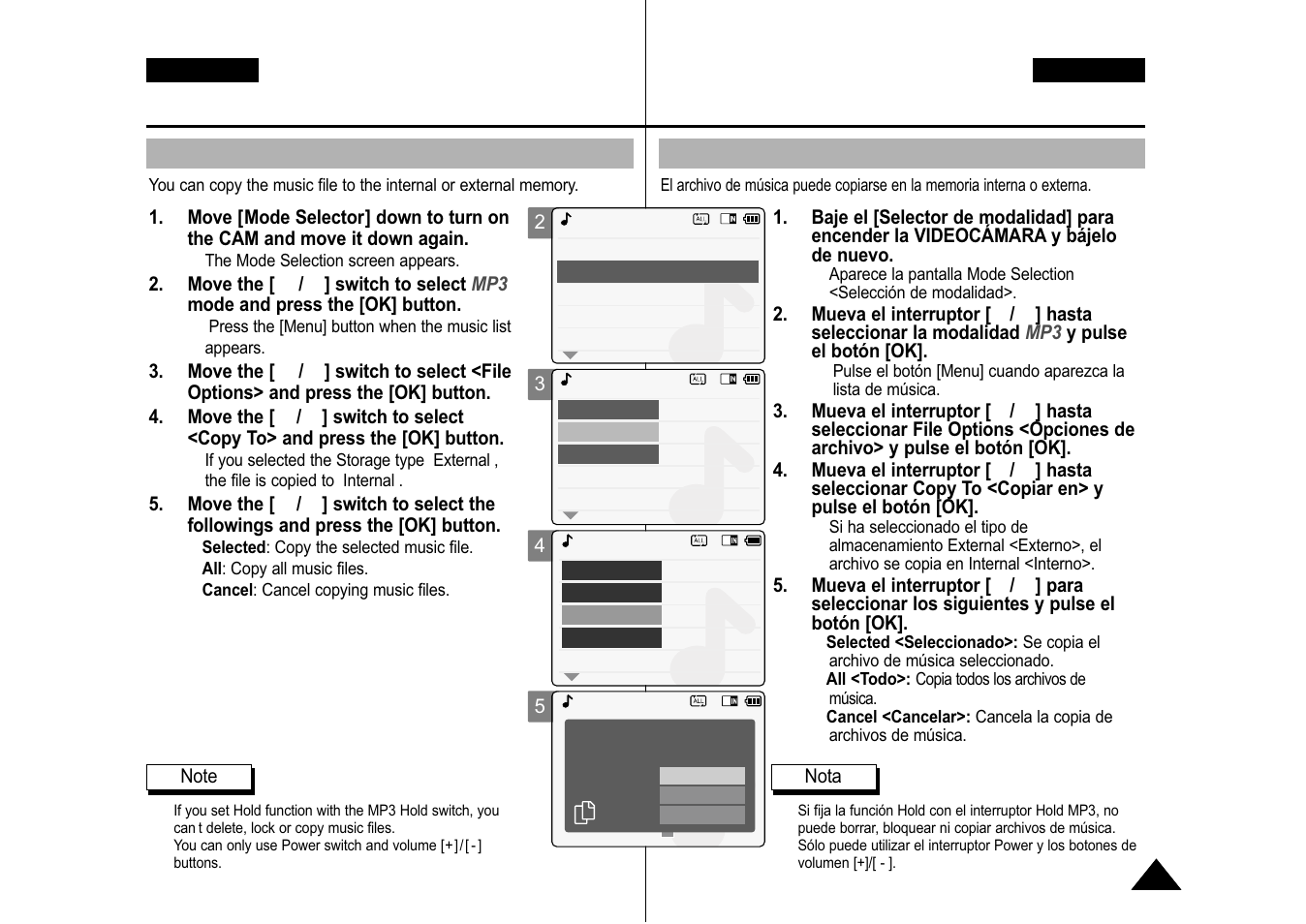 Mp3 mode : selecting file options, Modalidad mp3: selección de opciones de archivo, Copying music files | Copia de archivos de música | Samsung VP-M110S User Manual | Page 76 / 129