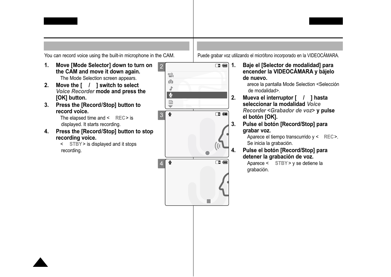 Voice recorder mode : recording, Modalidad de grabador de voz grabación, Recording voice | Grabación de voz | Samsung VP-M110S User Manual | Page 77 / 129