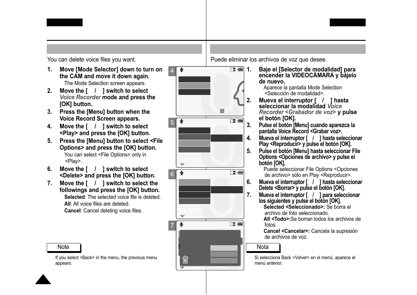 Voice recorder mode : selecting file options, Deleting voice files, Eliminación de archivos de voz | English español | Samsung VP-M110S User Manual | Page 79 / 129