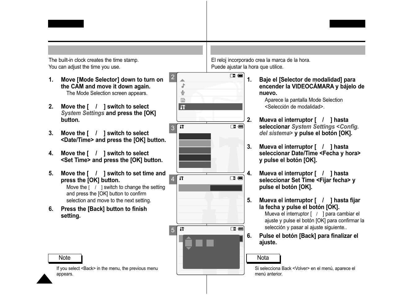Ajuste de la videocámara: ajuste de fecha y hora, Setting the cam : adjusting date/time, Setting time | Ajuste de la hora | Samsung VP-M110S User Manual | Page 89 / 129