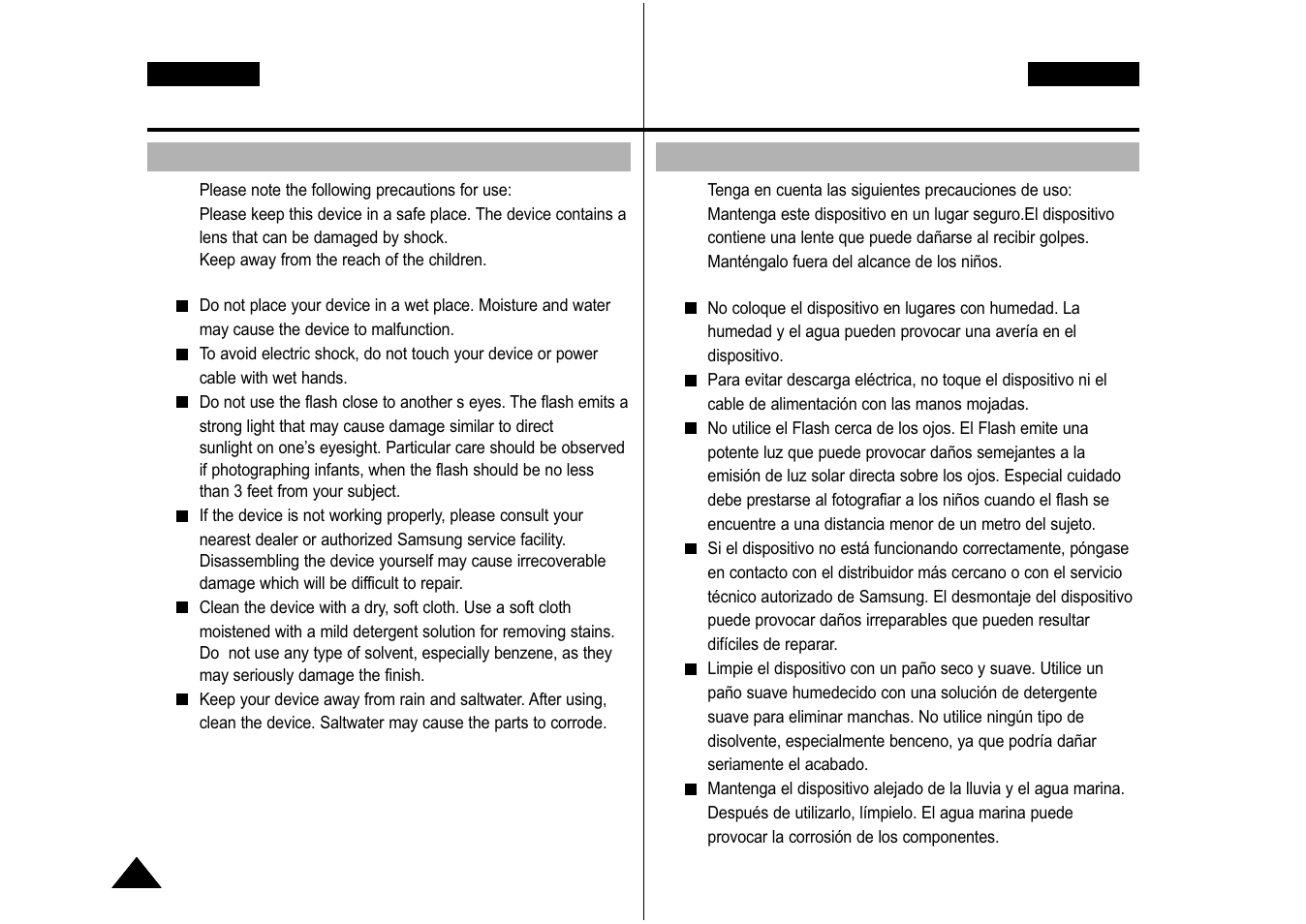 Notices and safety precautions, Avisos y precauciones de seguridad, Precautions on the cam care | Precauciones sobre el cuidado de la videocámara | Samsung VP-M110S User Manual | Page 9 / 129