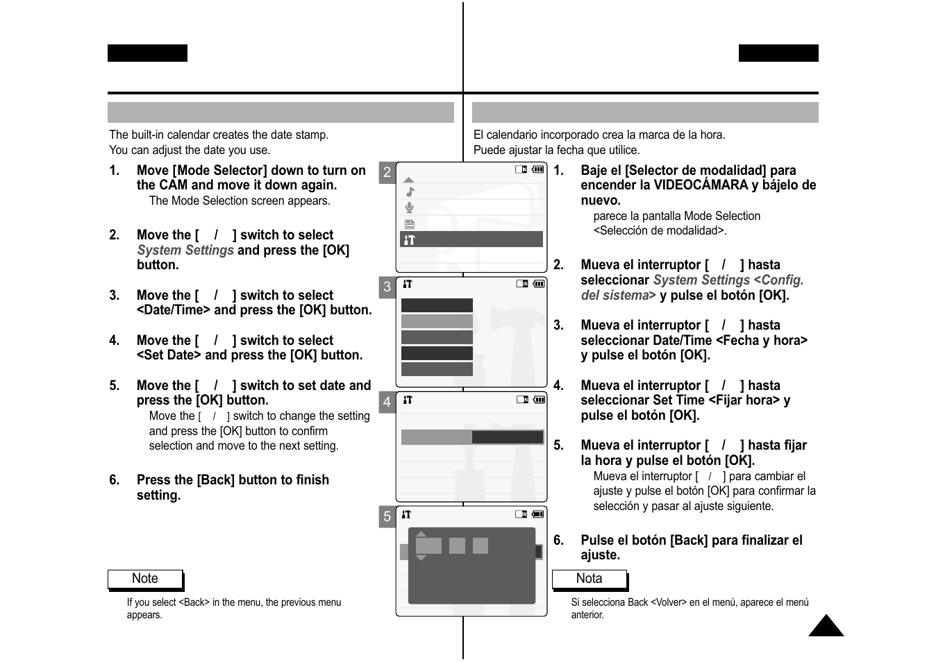 Ajuste de la videocámara: ajuste de fecha y hora, Setting the cam : adjusting date/time, Setting date | Ajuste de la fecha | Samsung VP-M110S User Manual | Page 90 / 129