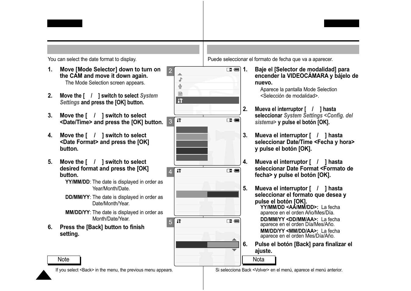 Ajuste de la videocámara: ajuste de fecha y hora, Setting the cam : adjusting date/time, Setting date format | Ajuste del formato de fecha | Samsung VP-M110S User Manual | Page 91 / 129