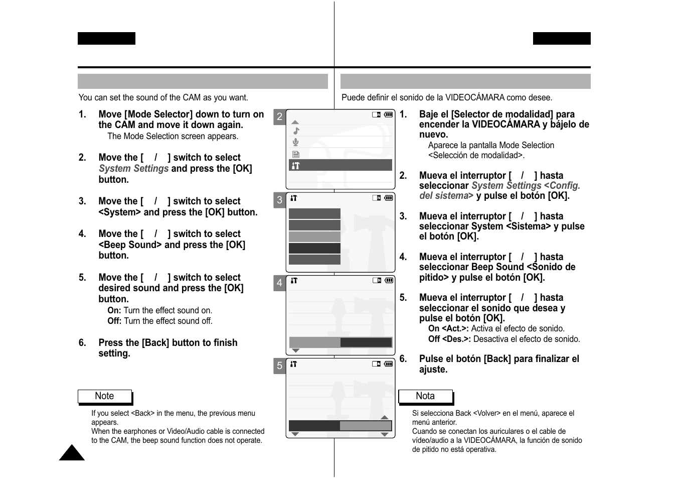 Setting the cam : setting the system, Ajuste de la videocámara: ajuste del sistema, Setting the beep sound | Ajuste del sonido del pitido | Samsung VP-M110S User Manual | Page 97 / 129