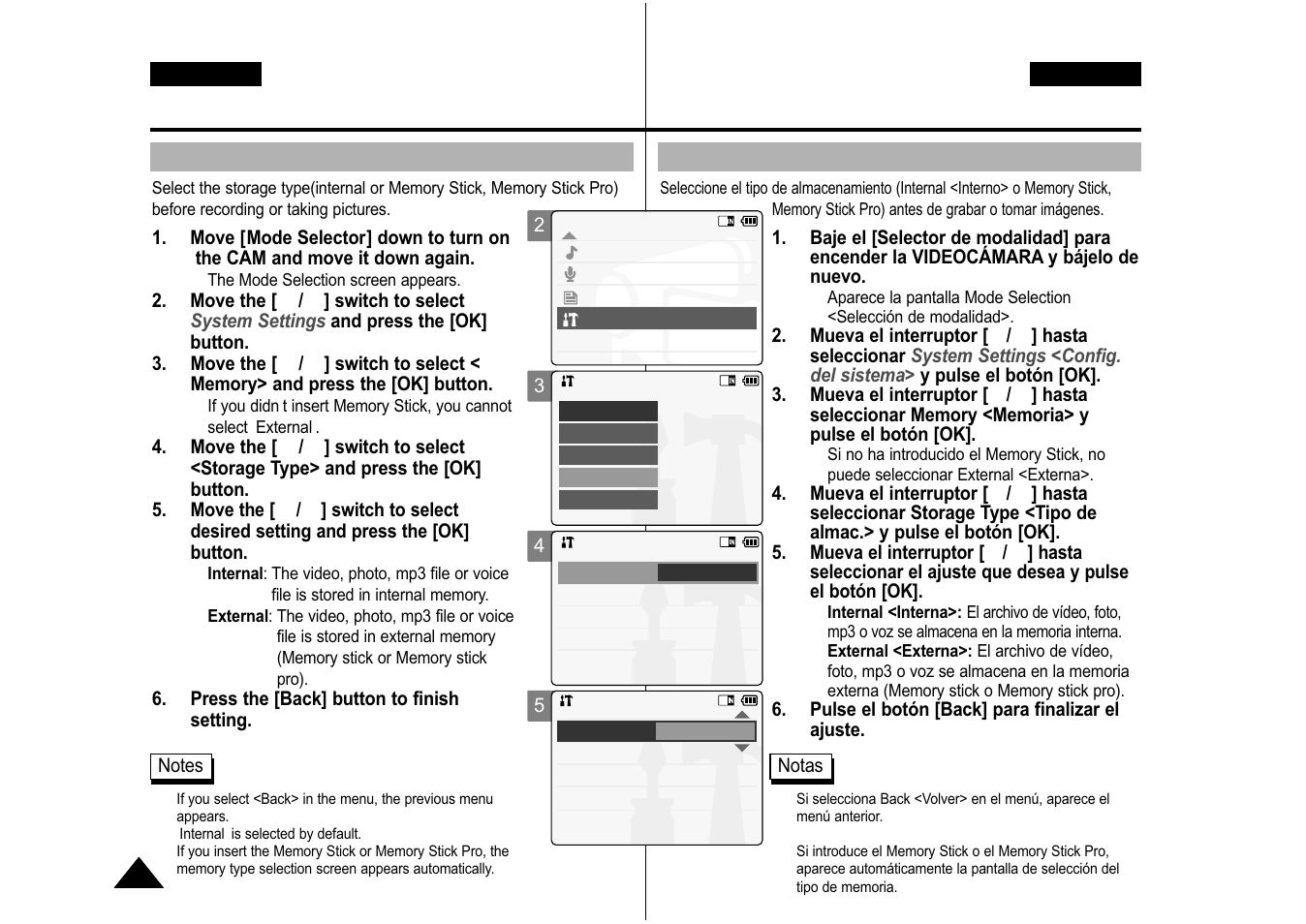 Selecting the storage type, Selección del tipo de almacenamiento | Samsung VP-M110S User Manual | Page 99 / 129