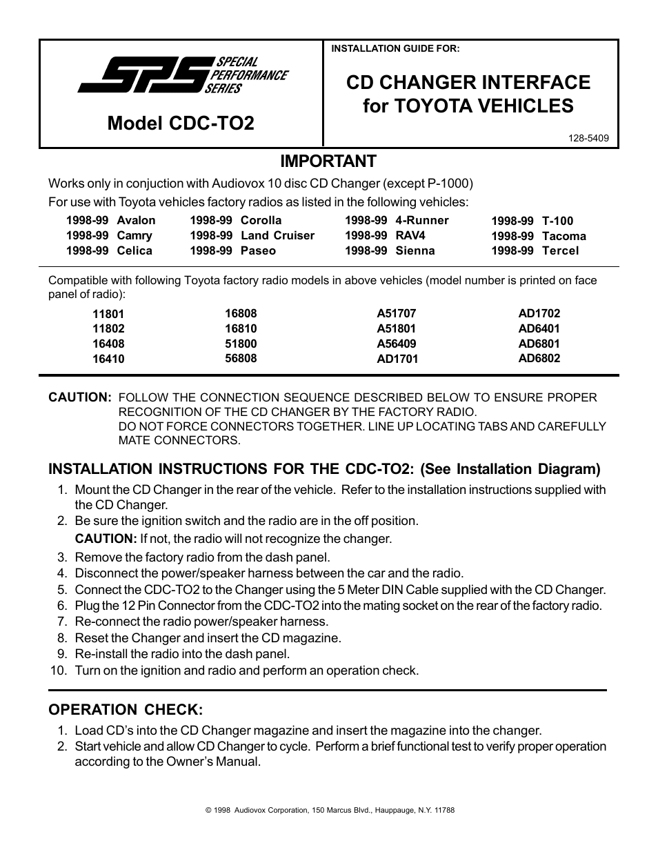 Audiovox CDC-TO2 User Manual | 2 pages