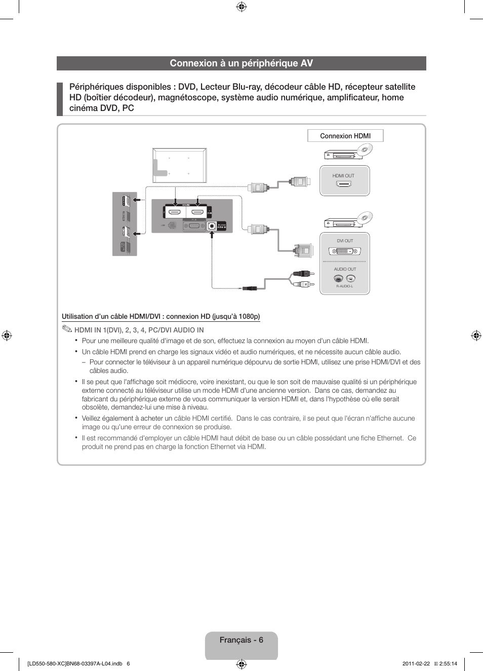 Connexion à un périphérique av | Samsung LE40D550K1W User Manual | Page 22 / 65