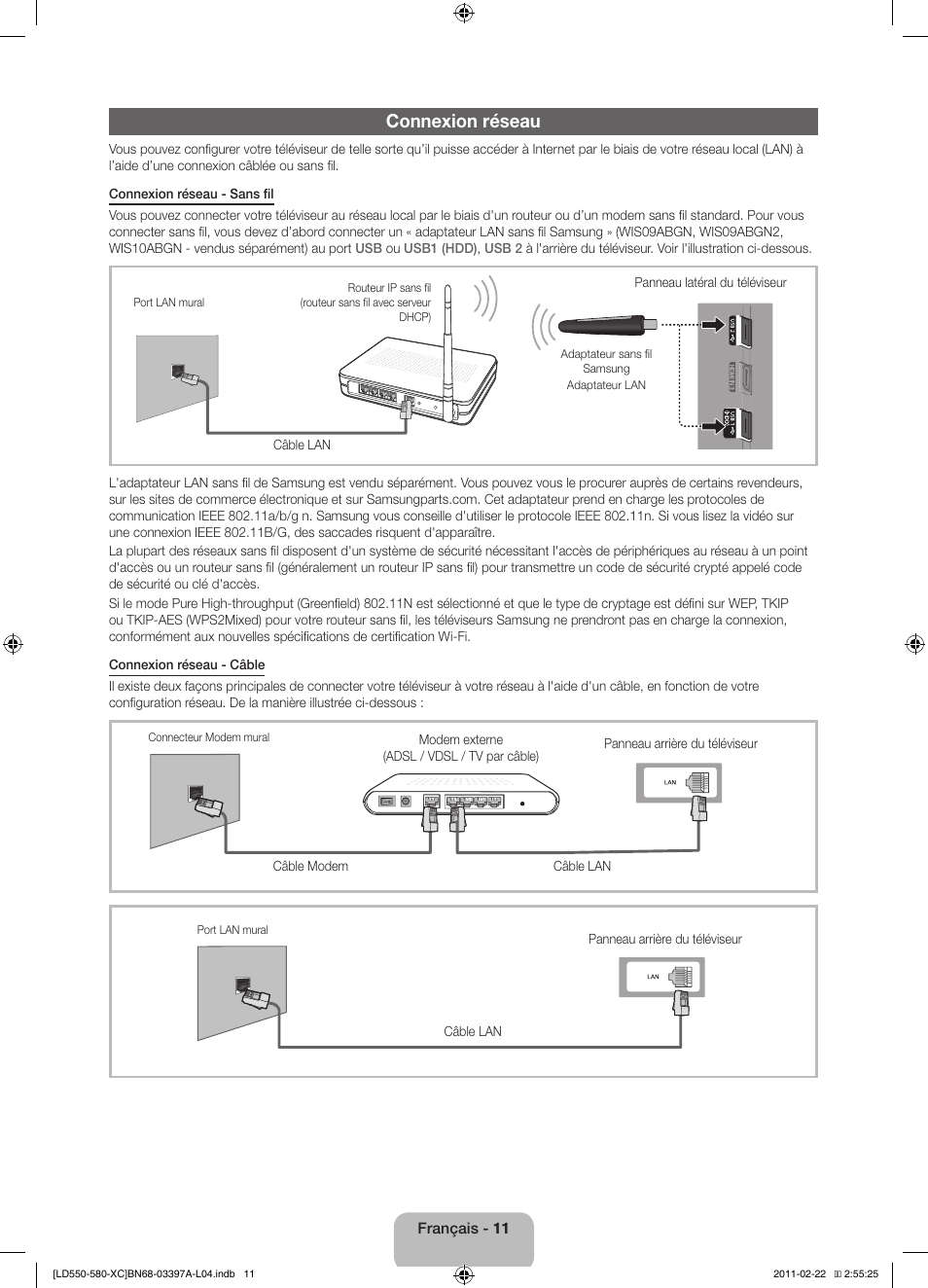 Connexion réseau | Samsung LE40D550K1W User Manual | Page 27 / 65