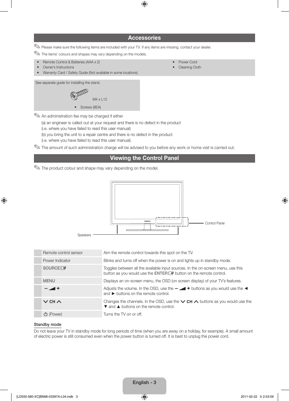 Accessories, Viewing the control panel | Samsung LE40D550K1W User Manual | Page 3 / 65