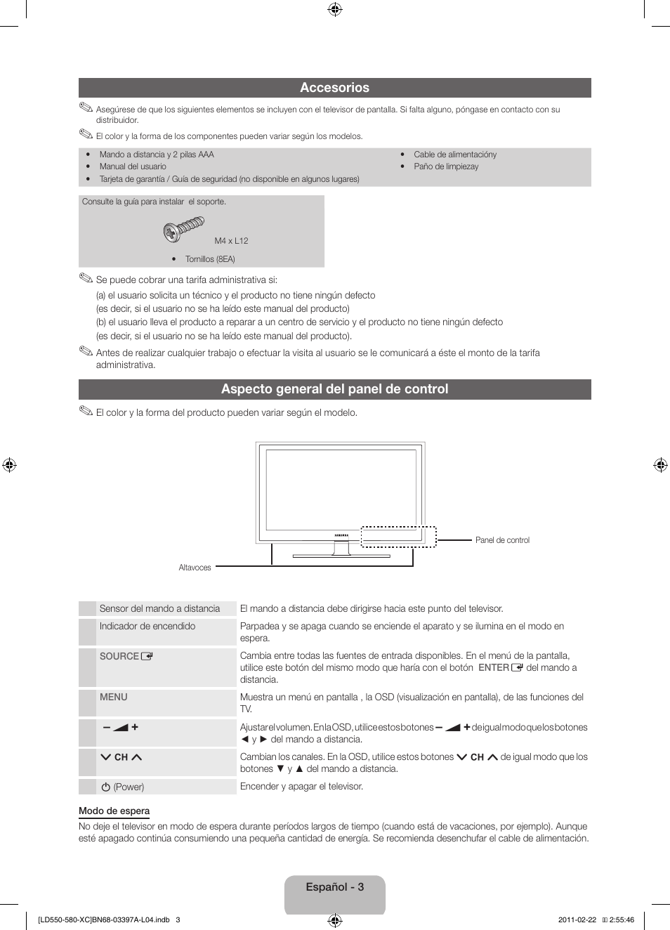 Accesorios, Aspecto general del panel de control | Samsung LE40D550K1W User Manual | Page 35 / 65