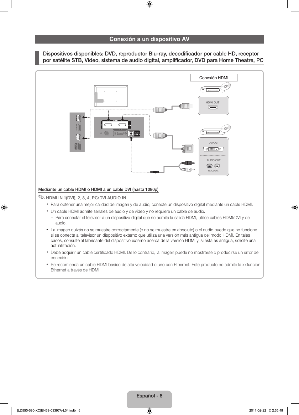 Conexión a un dispositivo av | Samsung LE40D550K1W User Manual | Page 38 / 65