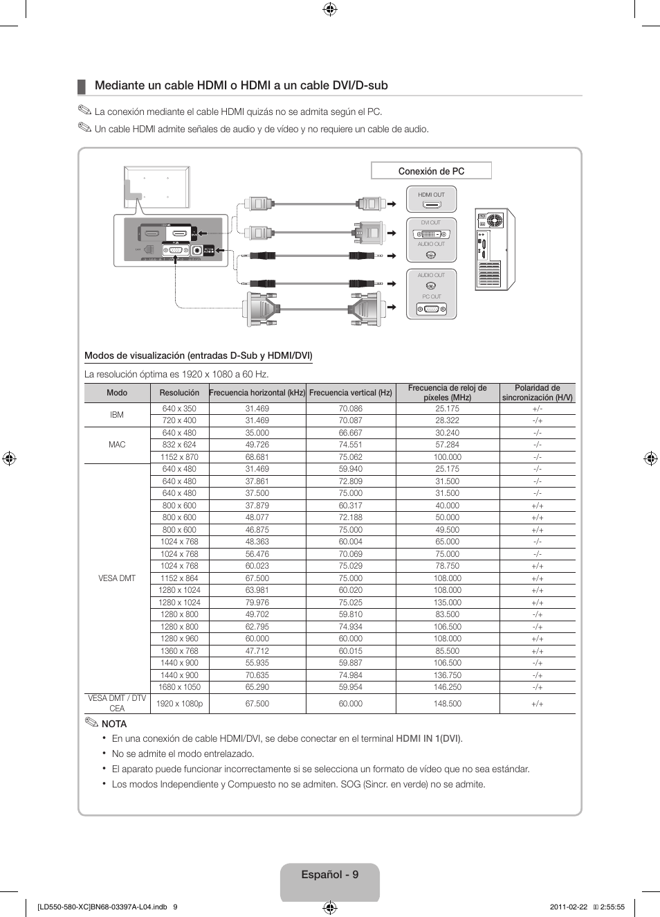 Mediante un cable hdmi o hdmi a un cable dvi/d-sub | Samsung LE40D550K1W User Manual | Page 41 / 65