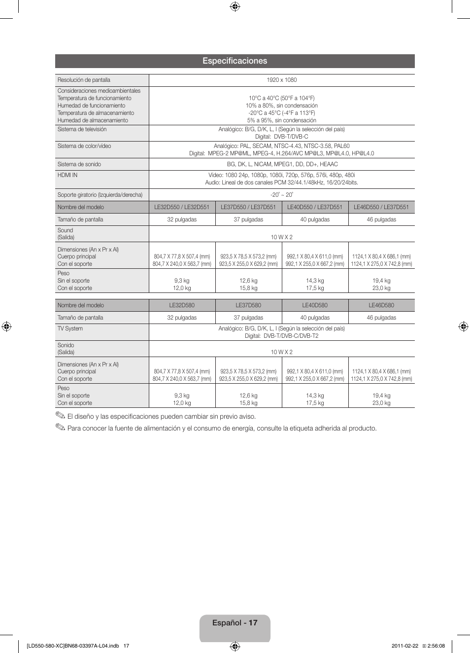 Especificaciones | Samsung LE40D550K1W User Manual | Page 49 / 65