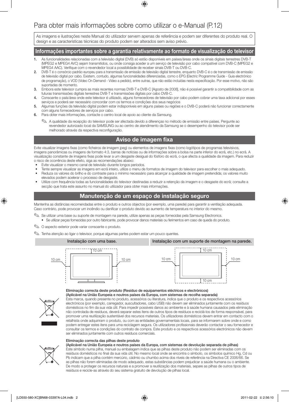 Aviso de imagem fixa, Manutenção de um espaço de instalação seguro | Samsung LE40D550K1W User Manual | Page 50 / 65