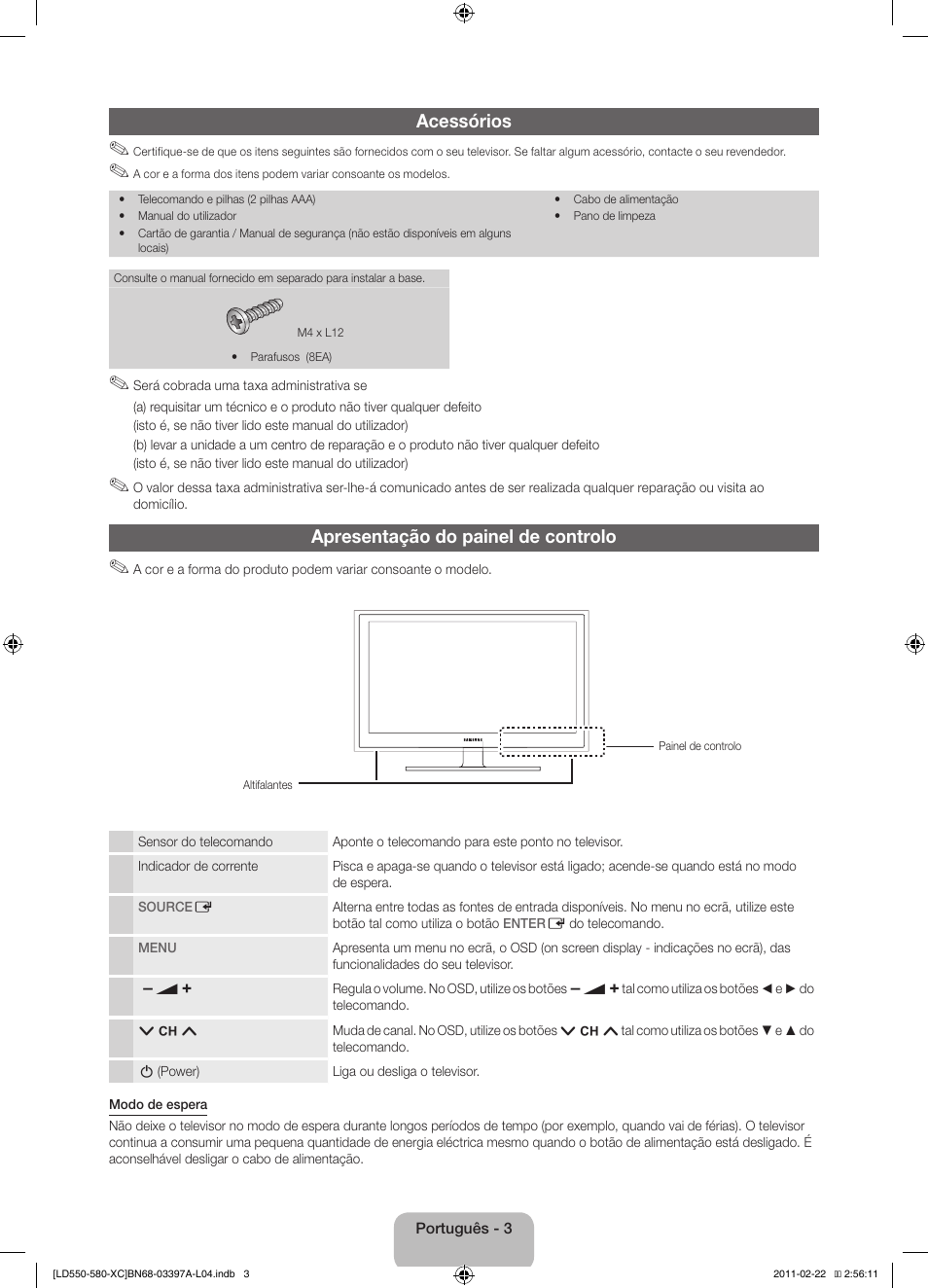 Acessórios, Apresentação do painel de controlo | Samsung LE40D550K1W User Manual | Page 51 / 65