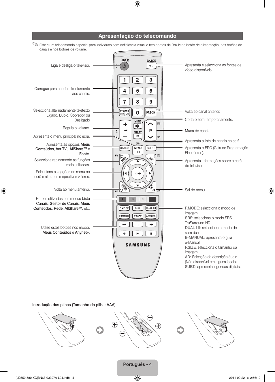 Apresentação do telecomando | Samsung LE40D550K1W User Manual | Page 52 / 65