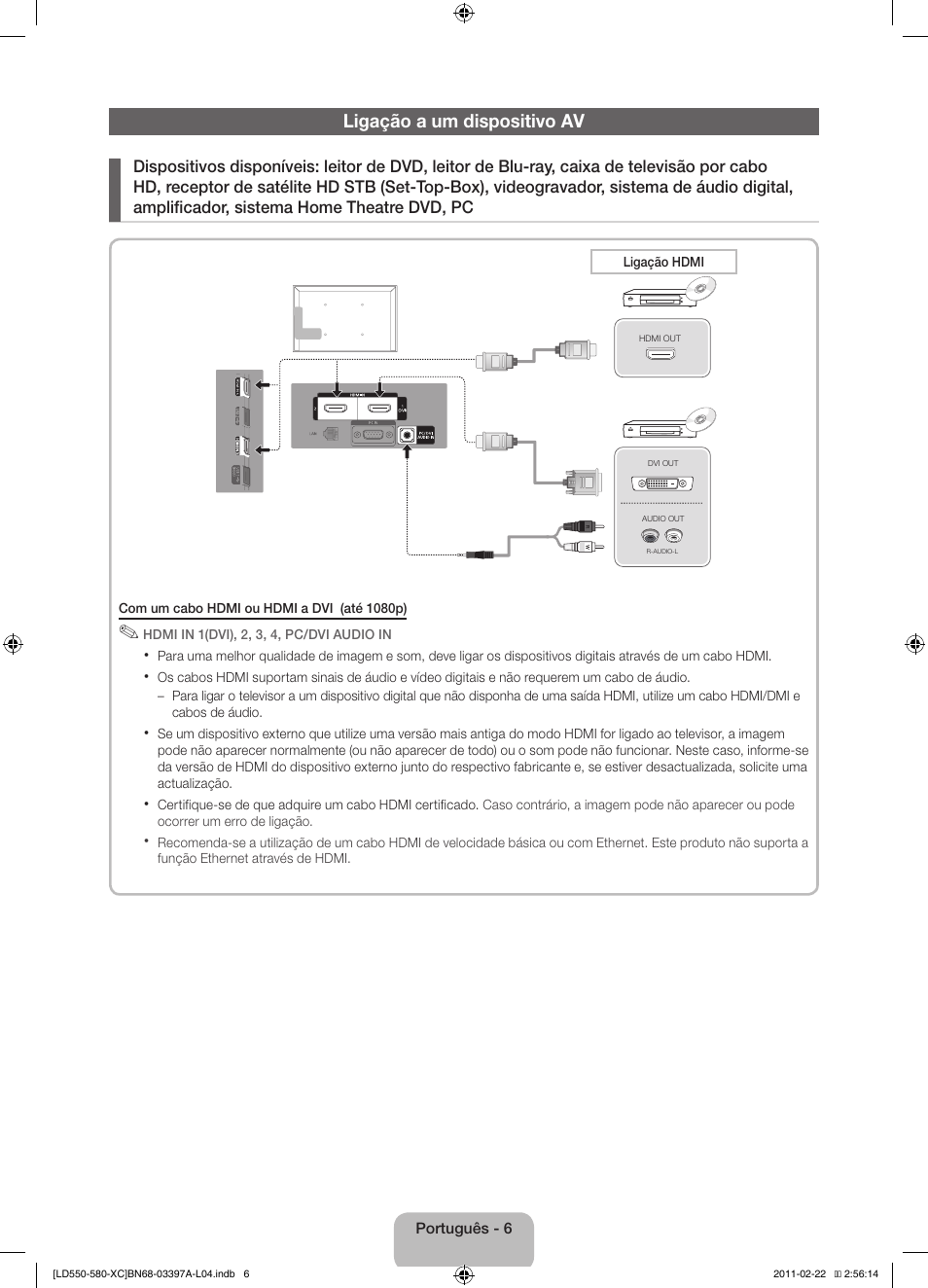 Ligação a um dispositivo av | Samsung LE40D550K1W User Manual | Page 54 / 65