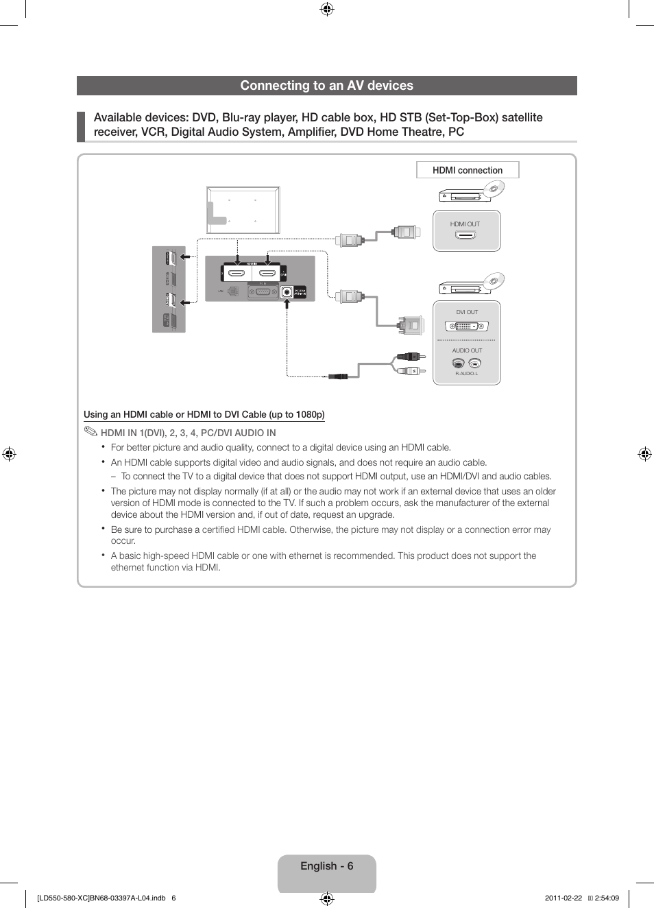 Connecting to an av devices | Samsung LE40D550K1W User Manual | Page 6 / 65