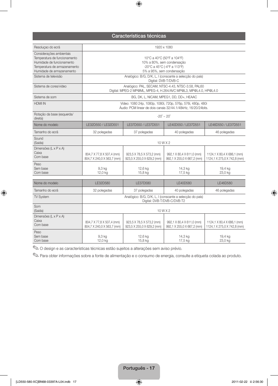 Características técnicas | Samsung LE40D550K1W User Manual | Page 65 / 65