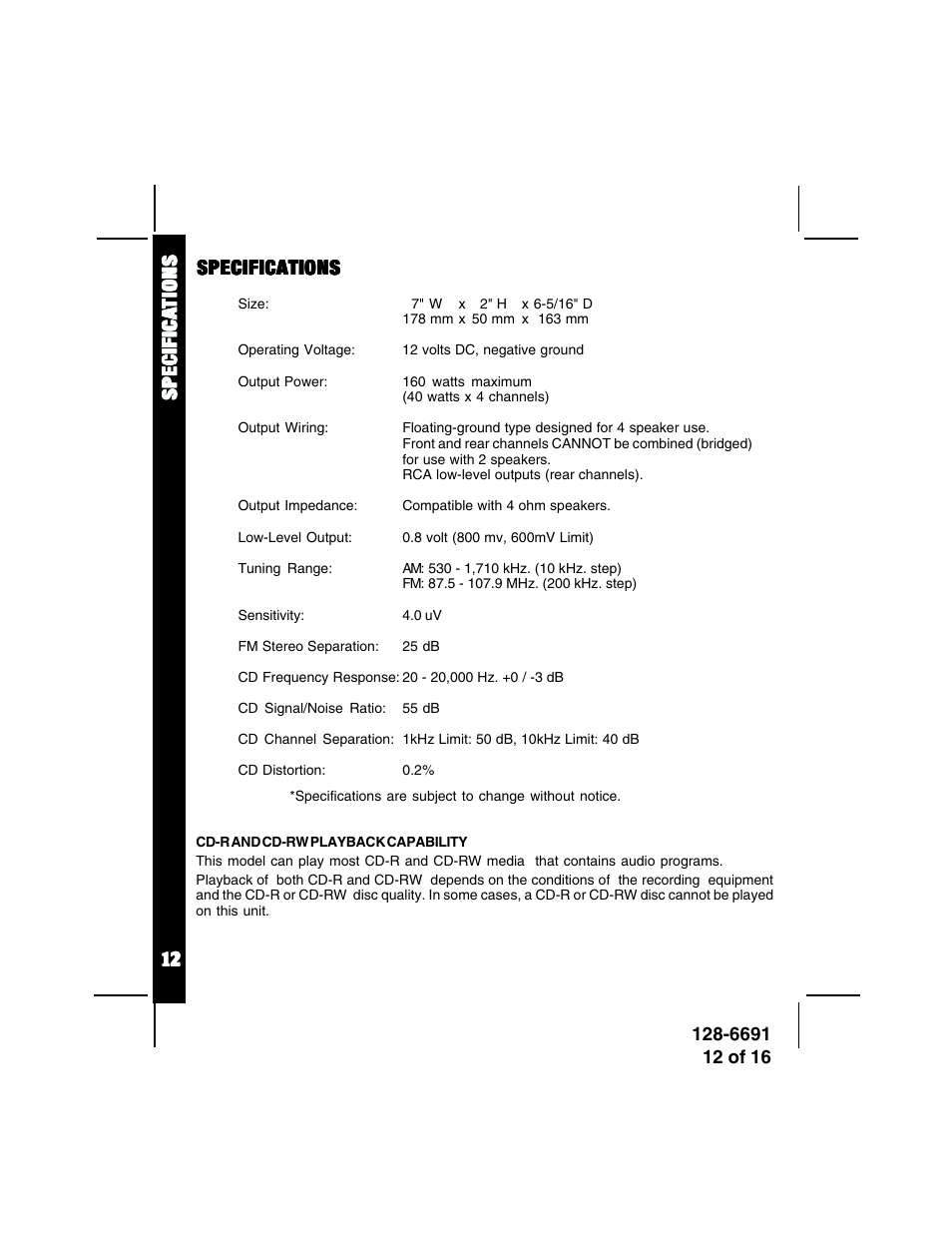 Specifications | Audiovox ACD-27 User Manual | Page 12 / 16