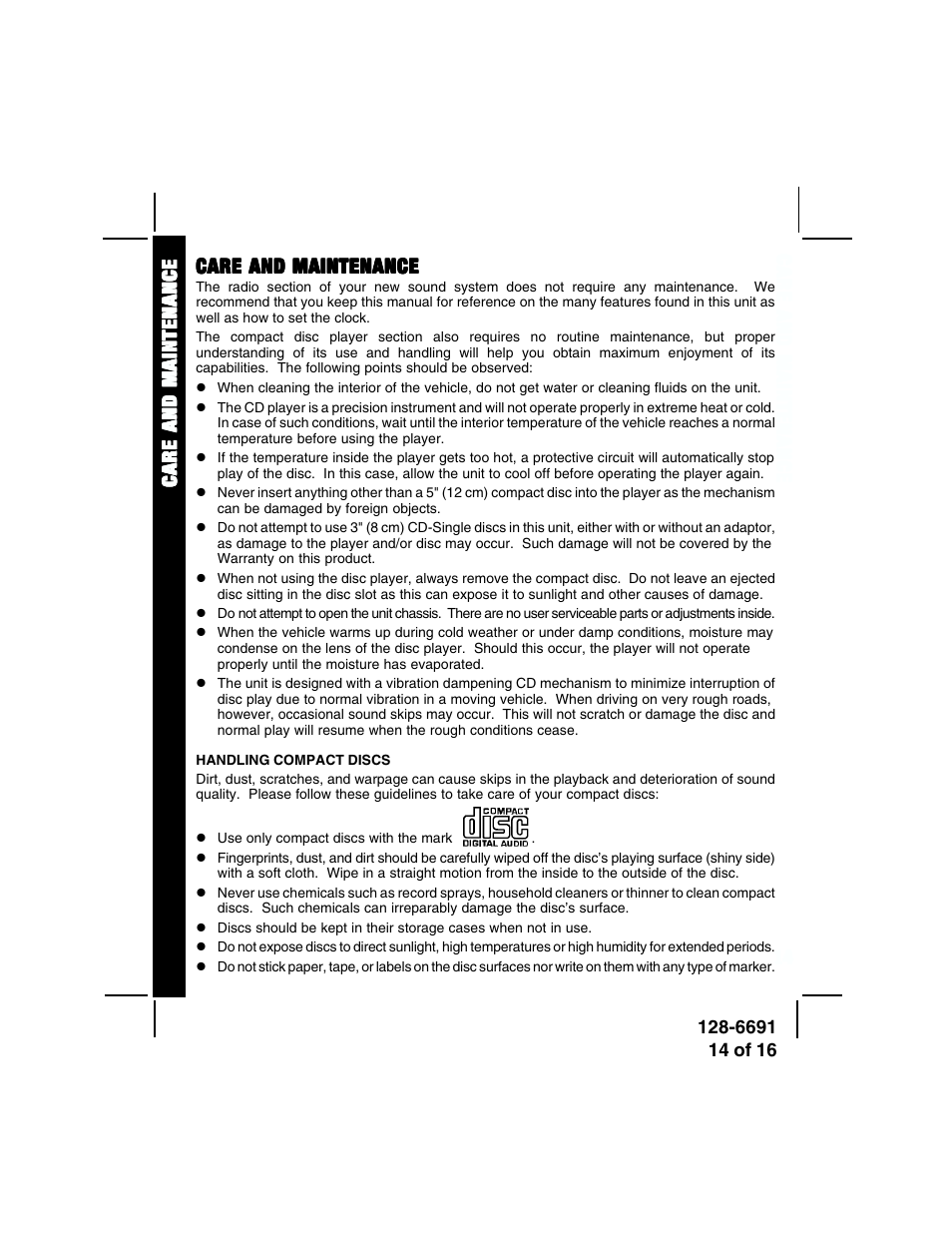 Care and maintenance | Audiovox ACD-27 User Manual | Page 14 / 16