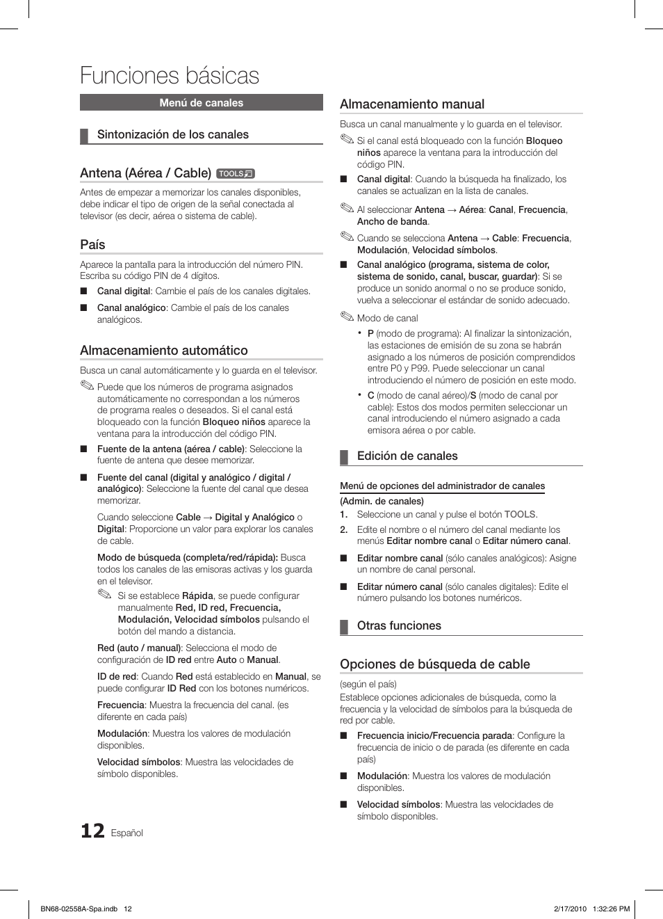 Funciones básicas, Antena (aérea / cable), País | Almacenamiento automático, Almacenamiento manual, Opciones de búsqueda de cable | Samsung LE32C652L2W User Manual | Page 120 / 326
