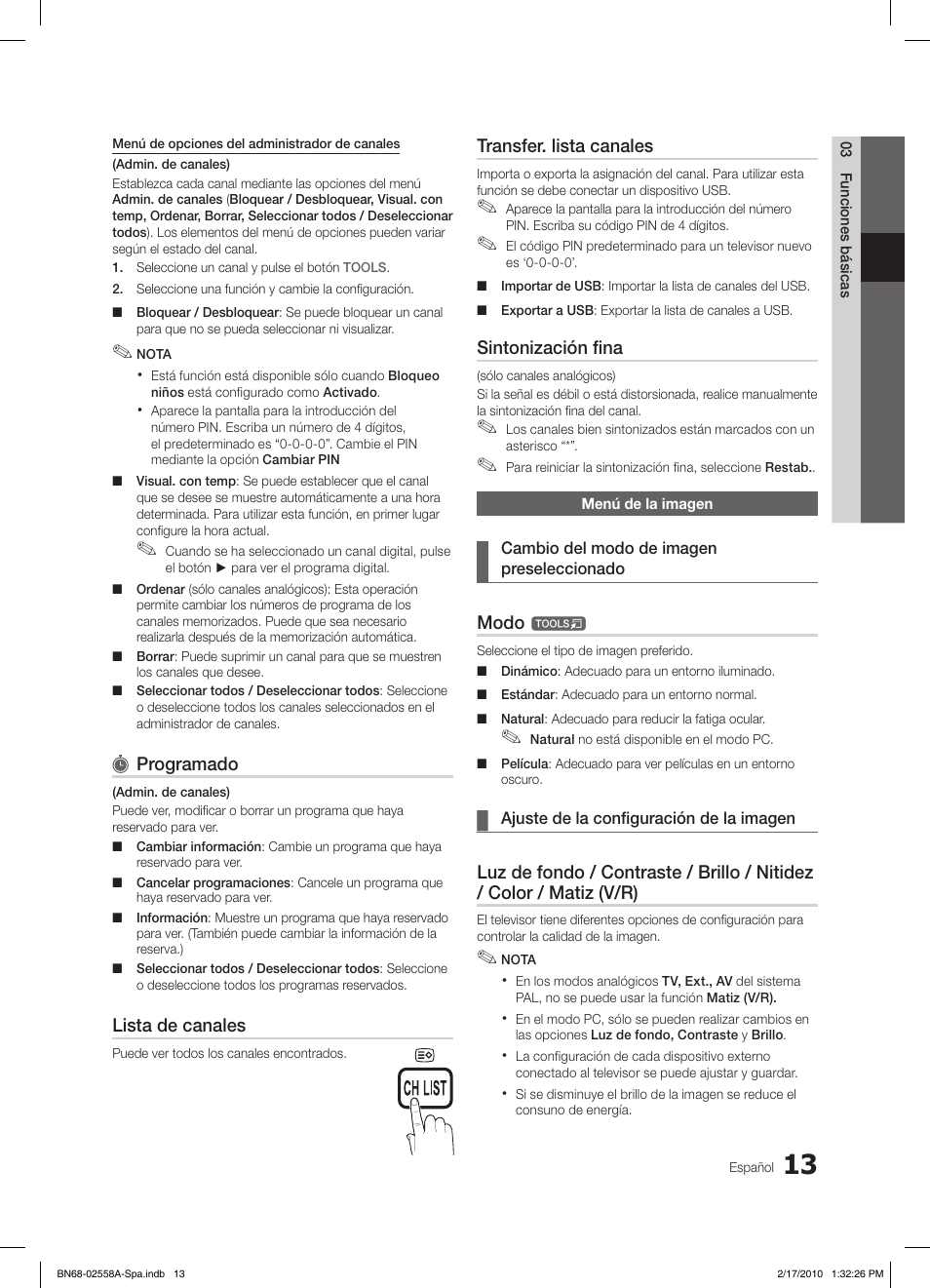 Programado, Lista de canales, Transfer. lista canales | Sintonización fina, Modo | Samsung LE32C652L2W User Manual | Page 121 / 326