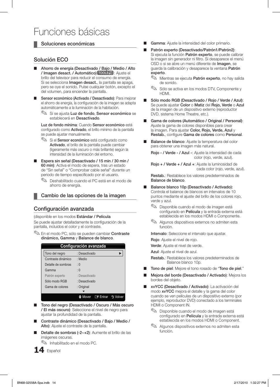 Funciones básicas, Solución eco, Configuración avanzada | Samsung LE32C652L2W User Manual | Page 122 / 326