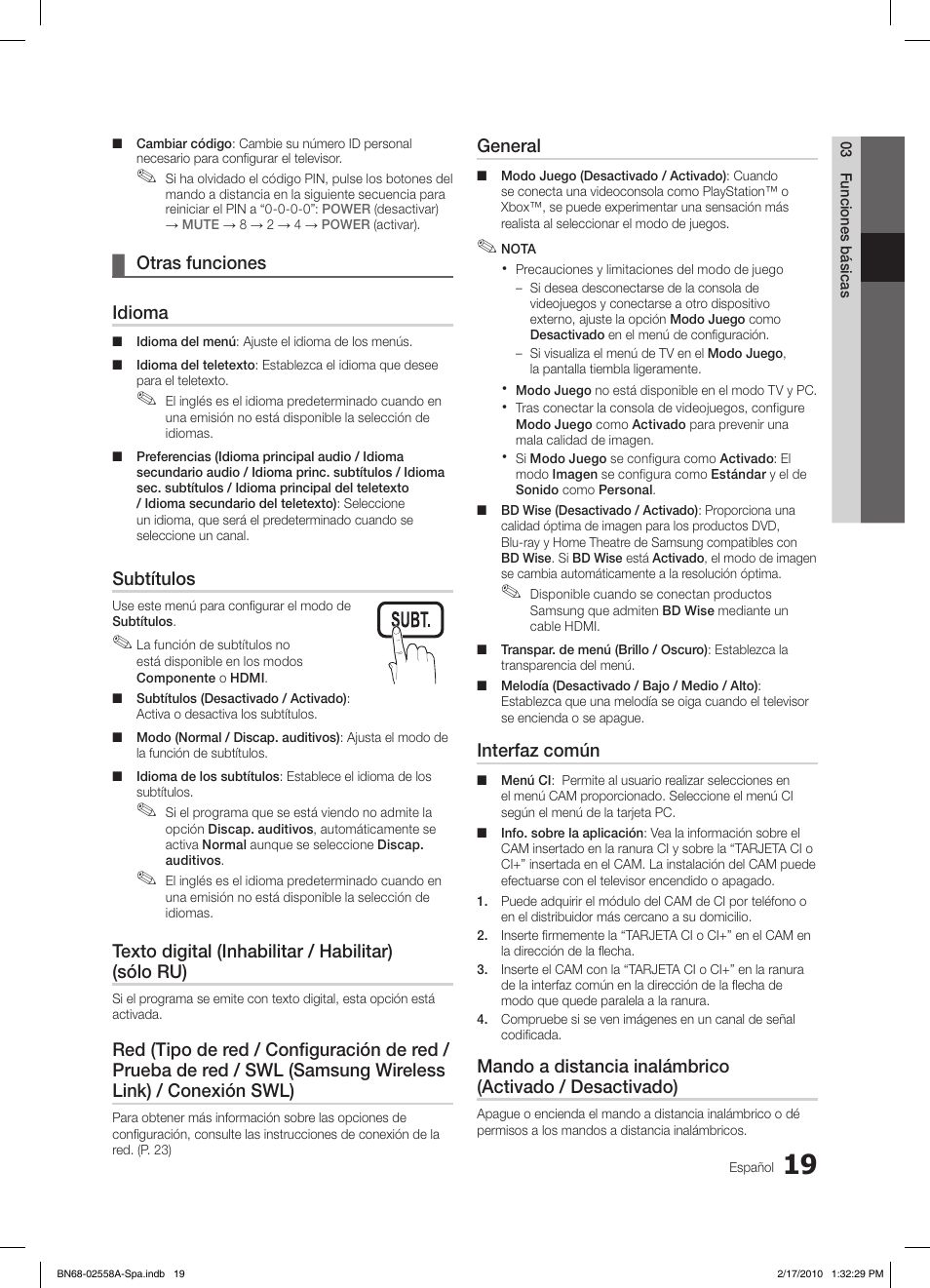 Otras funciones ¦ idioma, Subtítulos, Texto digital (inhabilitar / habilitar) (sólo ru) | General, Interfaz común | Samsung LE32C652L2W User Manual | Page 127 / 326