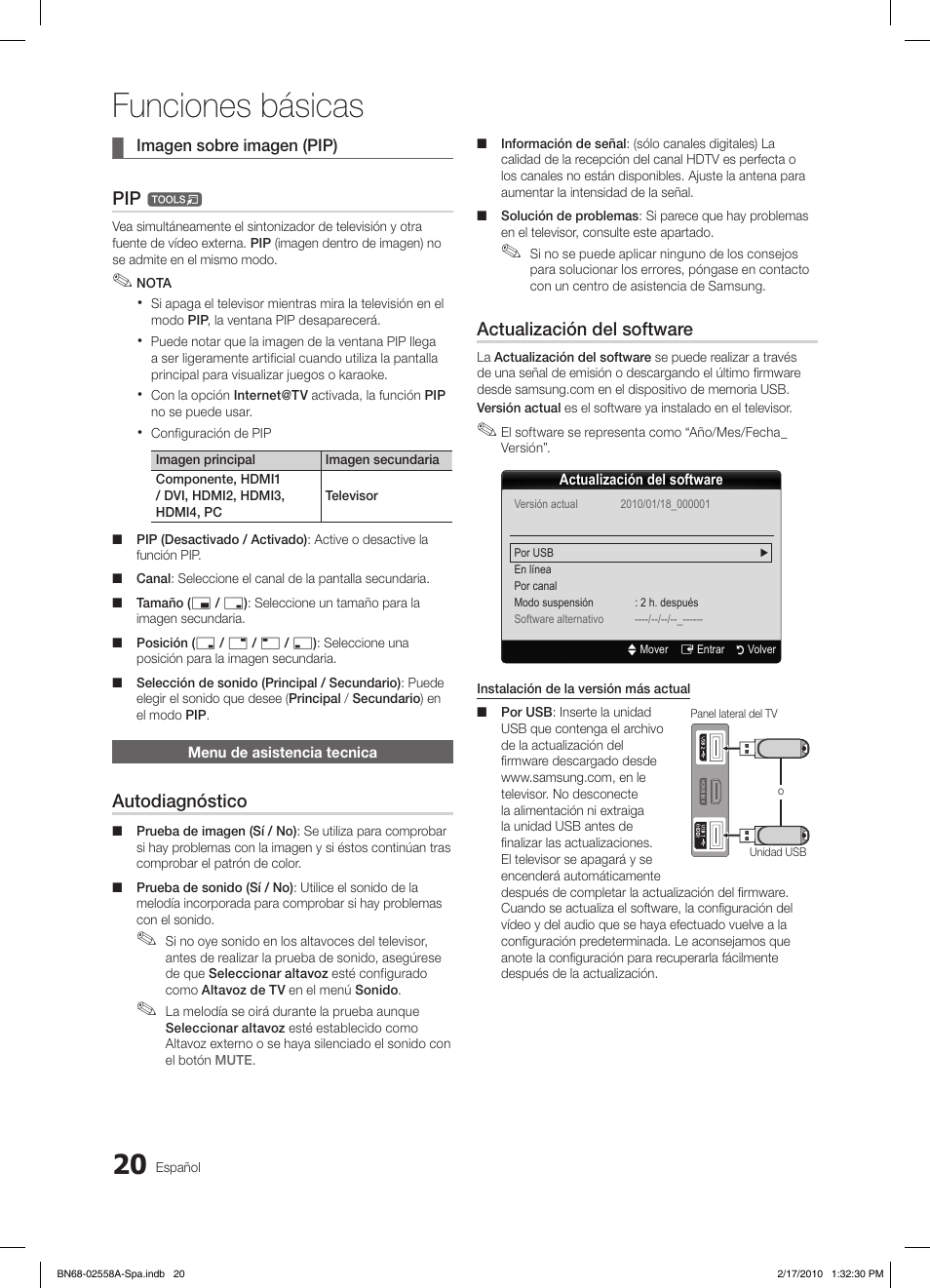 Funciones básicas, Autodiagnóstico, Actualización del software | Samsung LE32C652L2W User Manual | Page 128 / 326