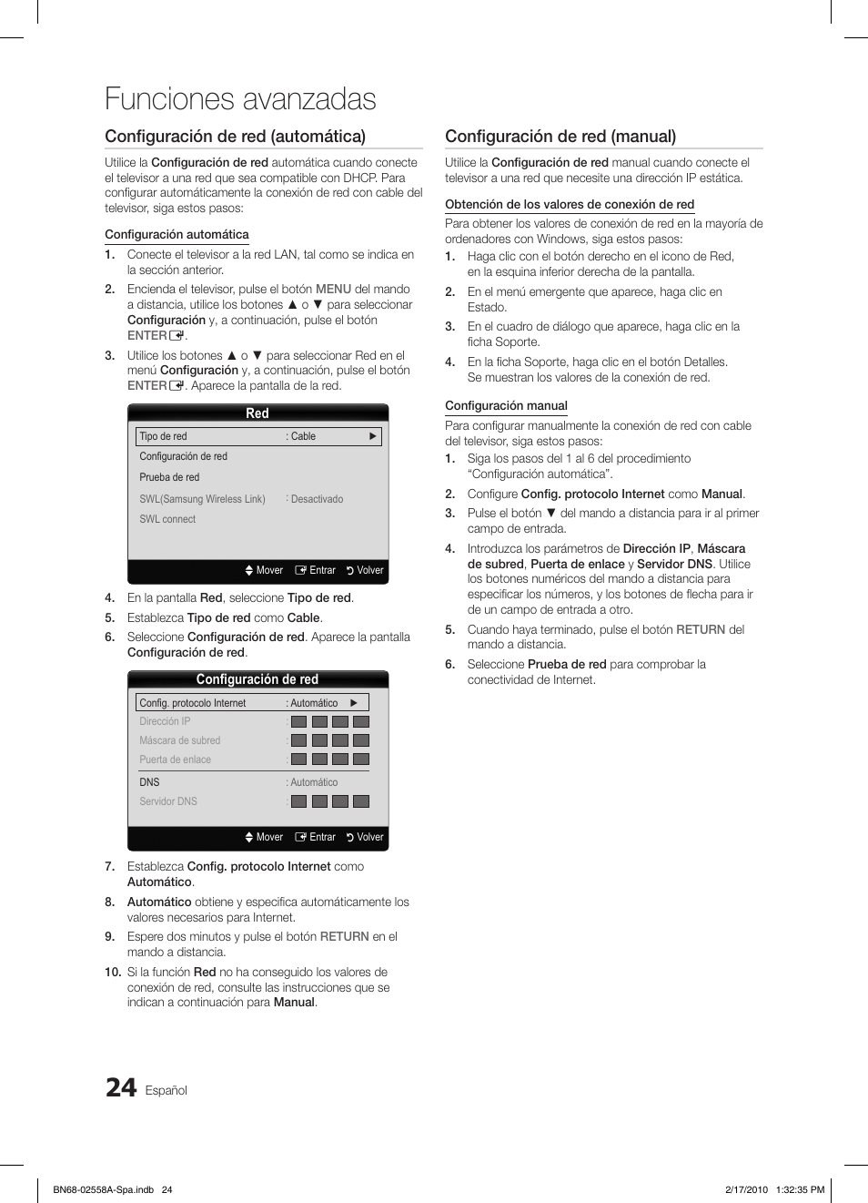 Funciones avanzadas, Configuración de red (automática), Configuración de red (manual) | Samsung LE32C652L2W User Manual | Page 132 / 326