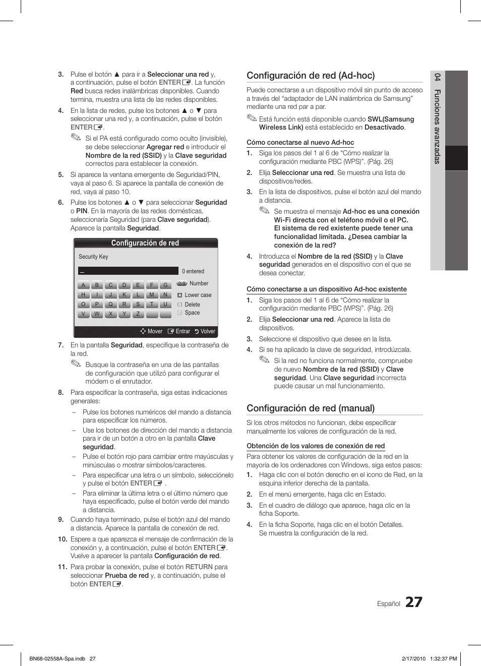 Configuración de red (ad-hoc), Configuración de red (manual) | Samsung LE32C652L2W User Manual | Page 135 / 326