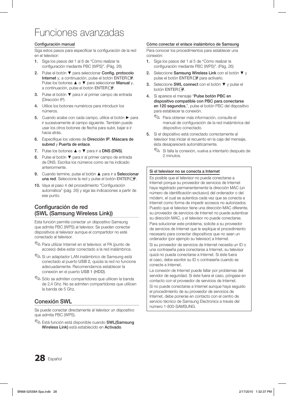 Funciones avanzadas, Configuración de red (swl (samsung wireless link)), Conexión swl | Samsung LE32C652L2W User Manual | Page 136 / 326