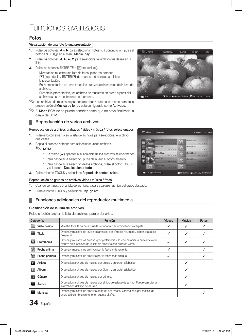 Funciones avanzadas, Fotos, Reproducción de varios archivos | Funciones adicionales del reproductor multimedia | Samsung LE32C652L2W User Manual | Page 142 / 326