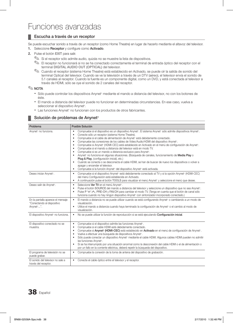 Funciones avanzadas, Escucha a través de un receptor, Solución de problemas de anynet | Samsung LE32C652L2W User Manual | Page 146 / 326