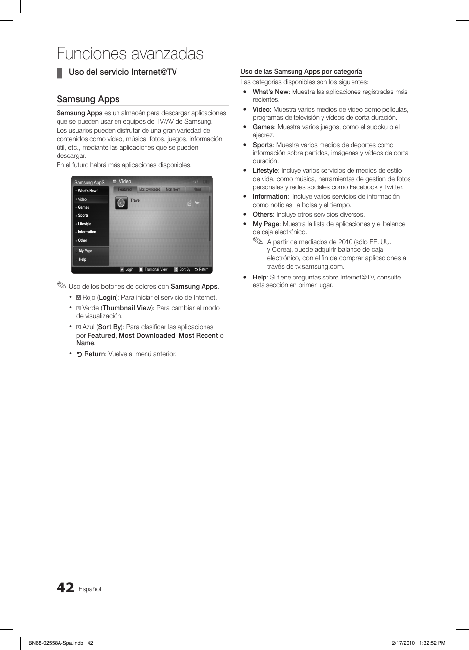Funciones avanzadas, Samsung apps, Uso del servicio internet@tv | Samsung LE32C652L2W User Manual | Page 150 / 326