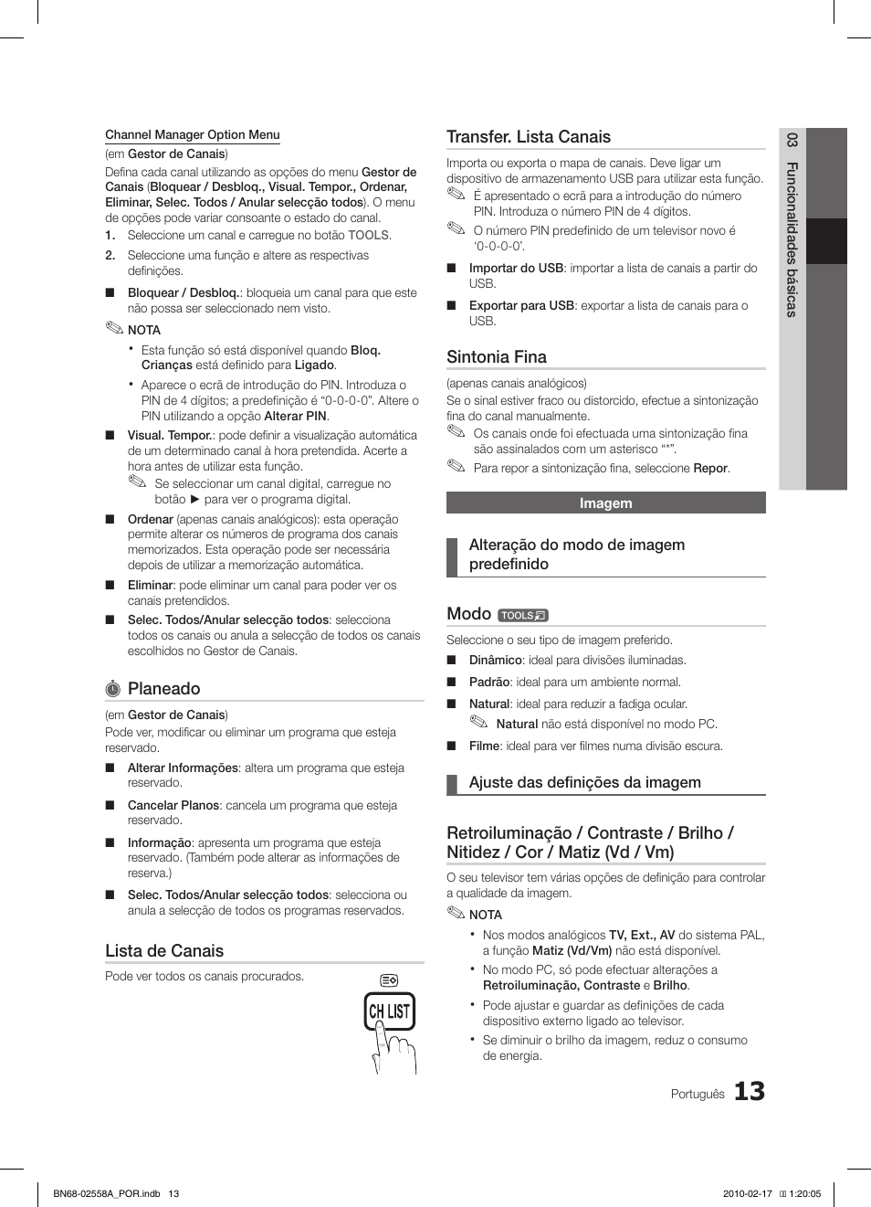 Planeado, Lista de canais, Transfer. lista canais | Sintonia fina, Modo | Samsung LE32C652L2W User Manual | Page 175 / 326