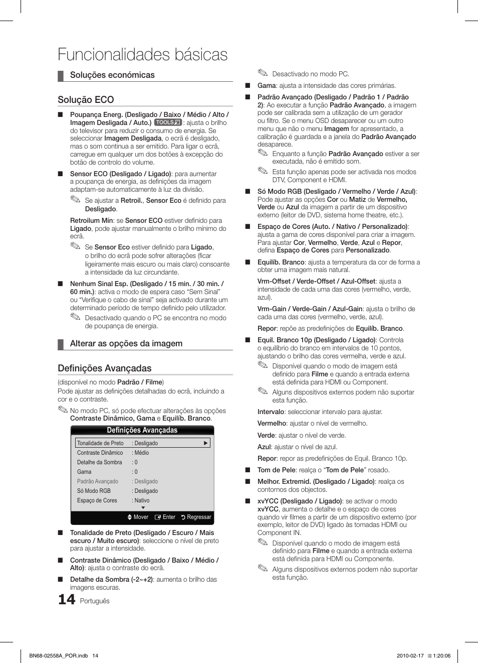 Funcionalidades básicas, Solução eco, Definições avançadas | Samsung LE32C652L2W User Manual | Page 176 / 326