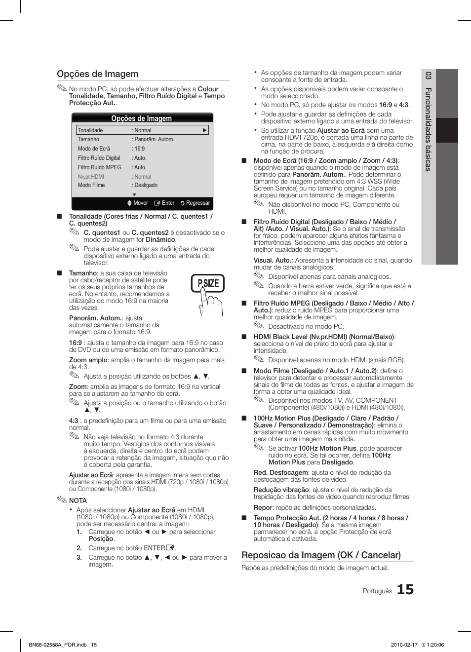 Opções de imagem, Reposicao da imagem (ok / cancelar) | Samsung LE32C652L2W User Manual | Page 177 / 326