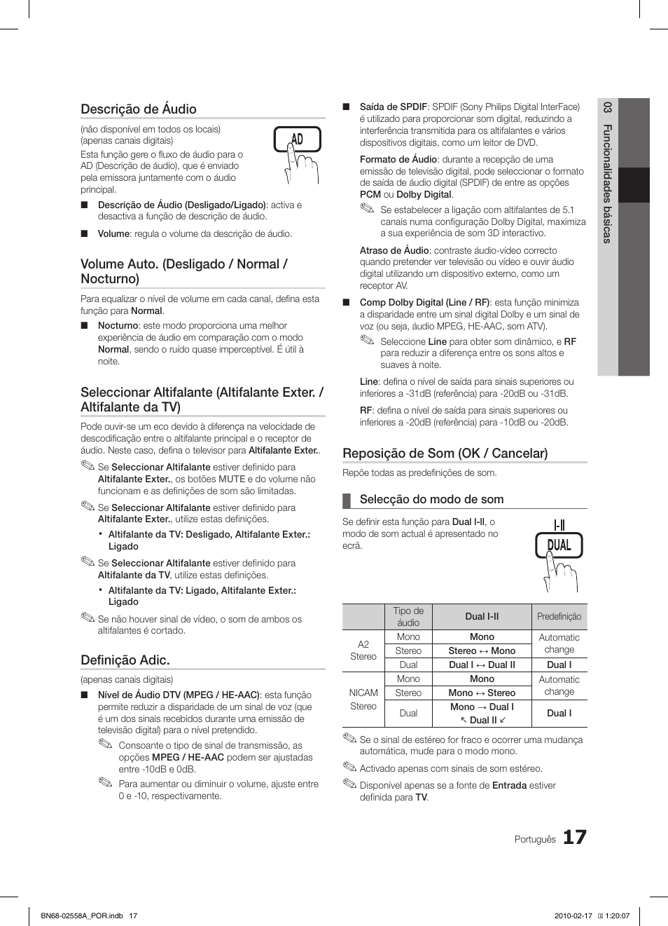 Descrição de áudio, Volume auto. (desligado / normal / nocturno), Definição adic | Reposição de som (ok / cancelar) | Samsung LE32C652L2W User Manual | Page 179 / 326